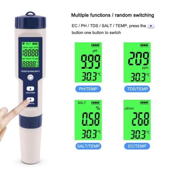 Bút Kiểm Tra Chất Lượng Nước 5 Trong 1 , Đo Độ PH/Tds/Ec/Độ Mặn/Nhiệt Độ